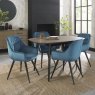 Gallery Collection Vintage Weathered Oak 4 Seater Dining Table with Peppercorn Legs & 4 Dali Petrol Blue Velvet Chairs with Sand Black Powder Coated Legs