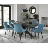 Bentley Designs Ellipse fumed oak 6 seater dining table with 6 Cezanne chairs- petrol blue velvet fabric