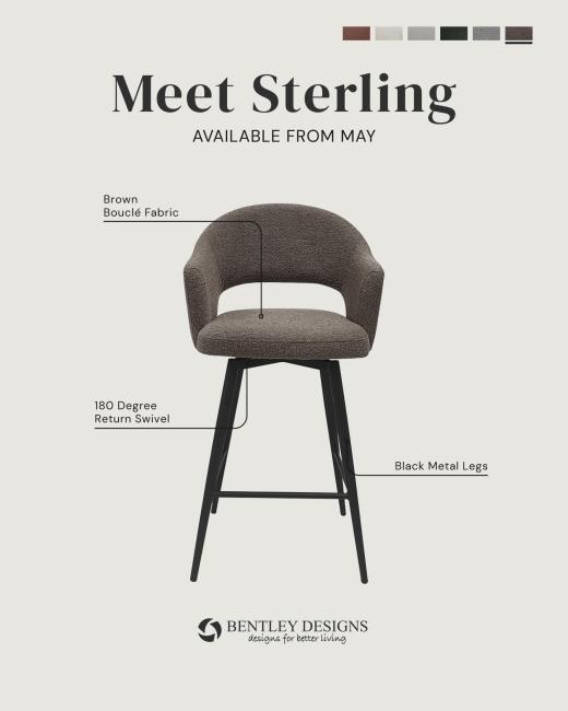Meet Sterling. A softly curved backrest upholstered in bouclé fabric or faux leather, set on sleek b...