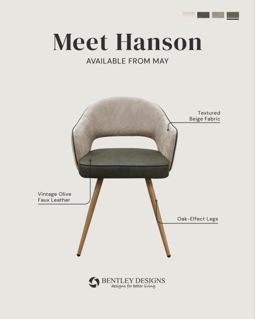 Meet Hanson. A curved backrest in textured fabric pairs with a faux leather seat, set on oak-effect l...