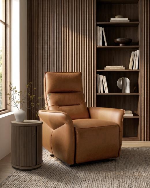 The Enzo armchair in Tan pairs contemporary European styling with supportive cushioning and a smooth...
