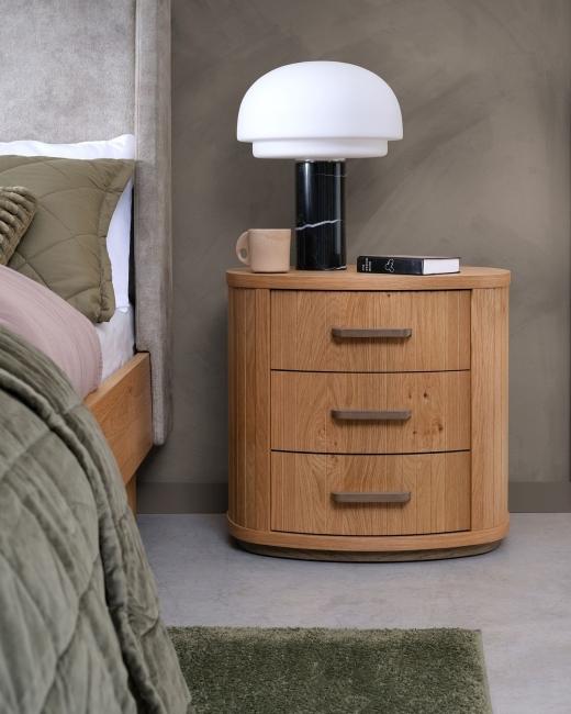 The elliptical Vega bedside table offers the perfect balance of style and storage. Available in three...