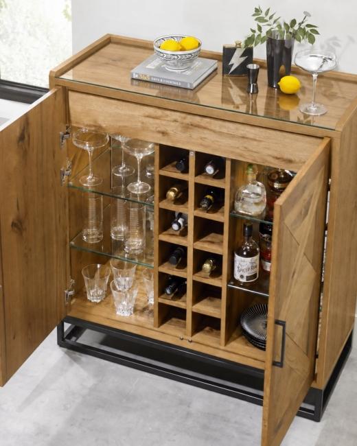 Designed for entertaining. The new Indus Rustic Oak Drinks Cabinet combines distinctive oak marquetry...